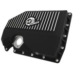 Black powder-coated cast aluminum aFe POWER Street Series engine oil pan with machined fins and magnetic drain plug