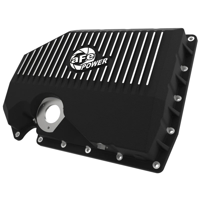 Black powder-coated cast aluminum aFe POWER Street Series engine oil pan with machined fins and magnetic drain plug