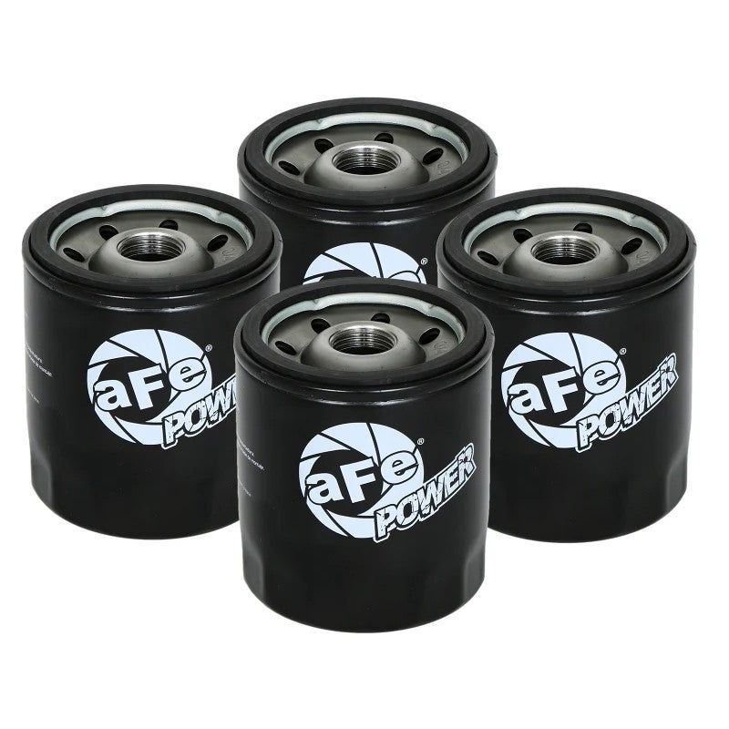 Four aFe Power ProGuard HD black steel canister oil filters featuring integrated 3/8 inch ratchet drive removal bosses.