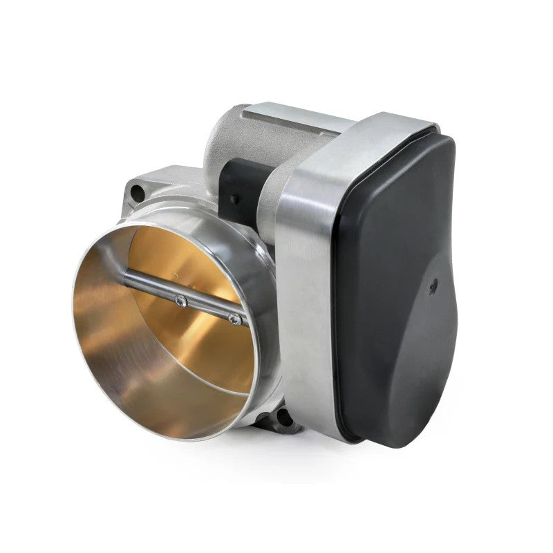 aFe POWER 90mm throttle body with silver CNC-machined 6061-T6 billet aluminum adapter and mounting hardware.