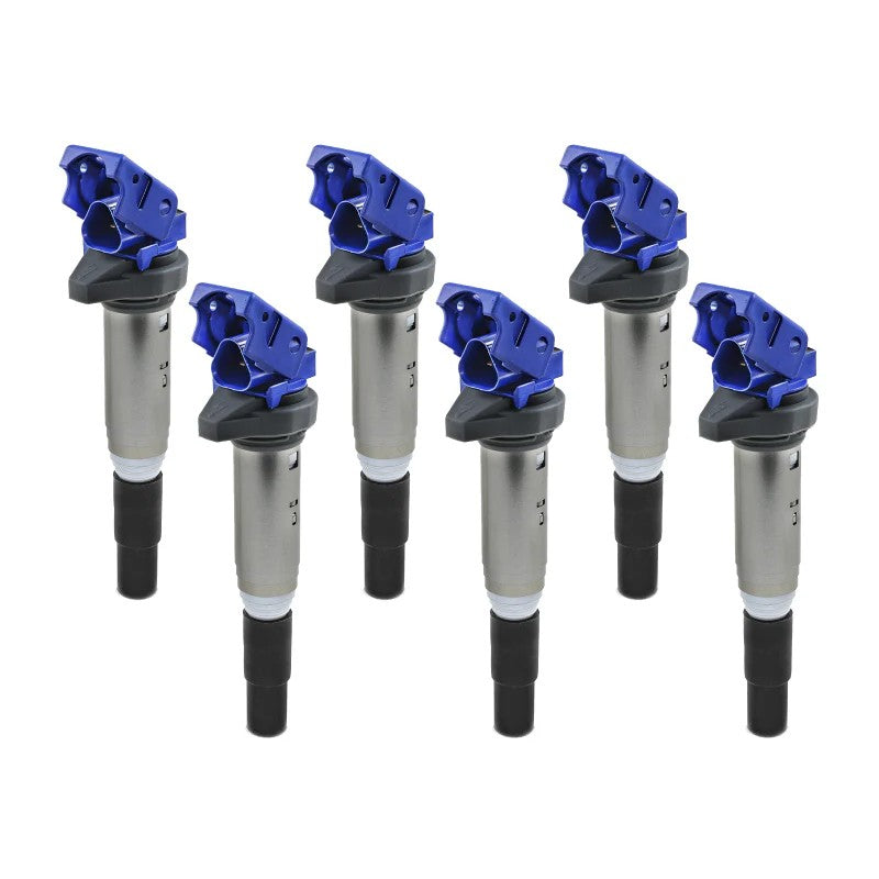 Set of six aFe POWER SCORCHER high-performance ignition coils for BMW inline-6 engines.