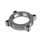 Silver CNC-machined aFe Silver Bullet throttle body spacer with serrated helix design and included gasket.