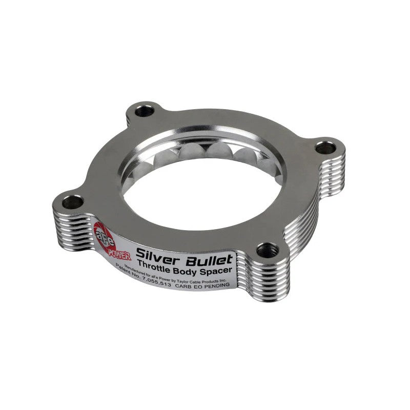 Silver CNC-machined aFe Silver Bullet throttle body spacer with serrated helix design and included gasket.