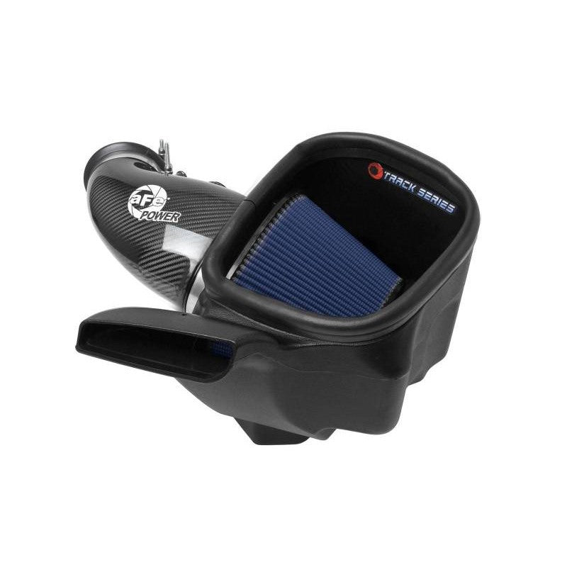 aFe Track Series carbon fiber intake tube with open-element XLPE housing and blue Pro 5R air filter for 6.4L Hemi.