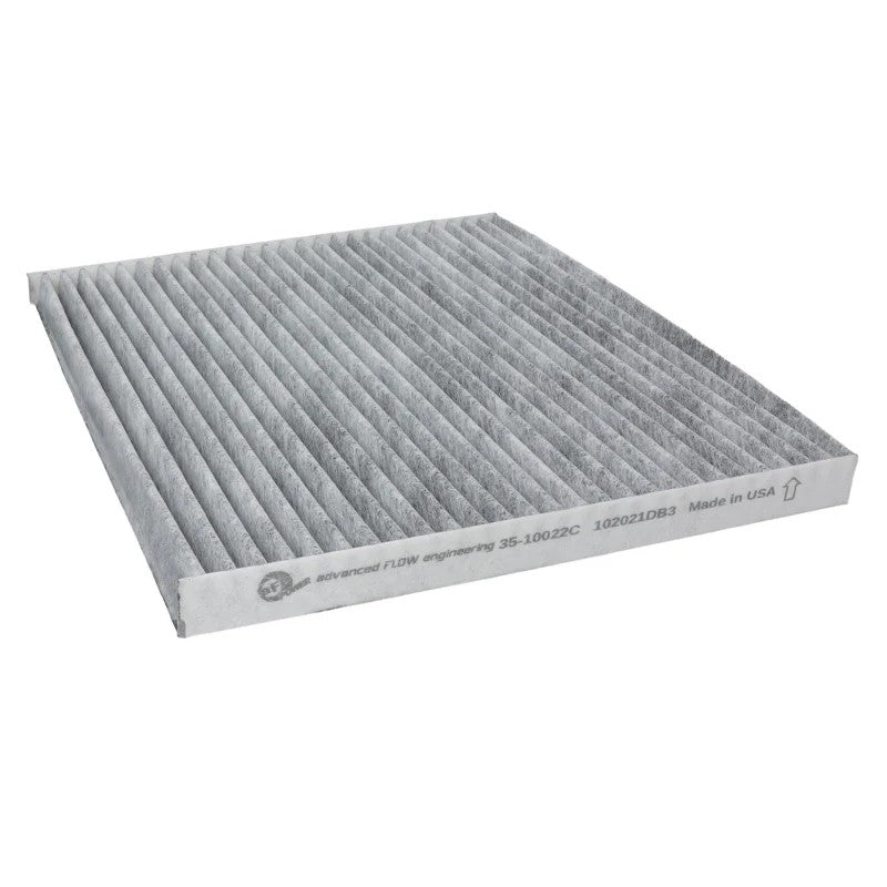 aFe POWER 35-10022C Carbon Cabin Air Filter featuring activated carbon granules for odor and allergen filtration.