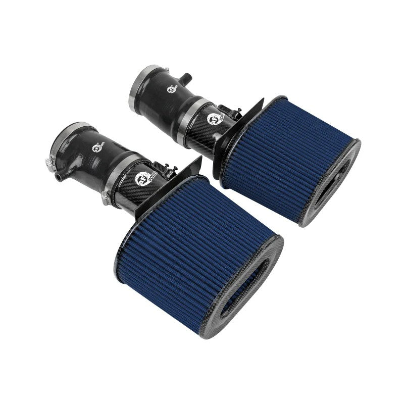 aFe Track Series dual air filters with carbon fiber tops and silicone couplers for Audi R8 and Lamborghini Huracan V10