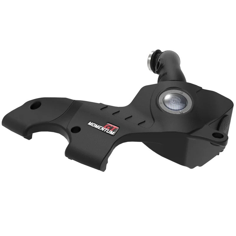 aFe Momentum GT cold air intake system with black XLPE housing, clear inspection window, and blue oiled Pro 5R filter.