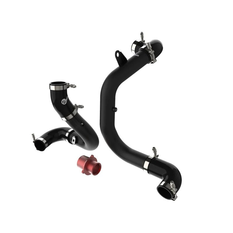 aFe Power BladeRunner wrinkle black aluminum charge pipes, red turbo muffler delete, silicone couplers, and T-bolt clamps