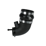 aFe Power black anodized cast aluminum 3 inch turbo inlet tube with reinforced silicone coupler and hose clamps.