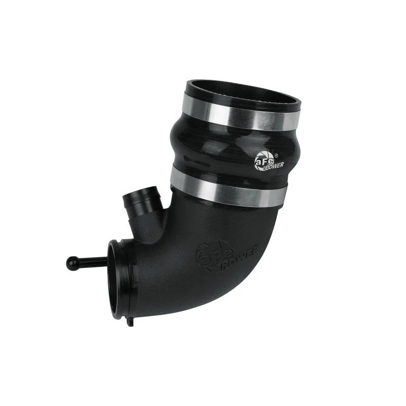 aFe Power black anodized cast aluminum 3 inch turbo inlet tube with reinforced silicone coupler and hose clamps.