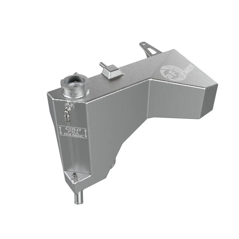 Brushed aluminum aFe BladeRunner GT coolant expansion tank showing TIG welds, sight tube, and billet fittings.