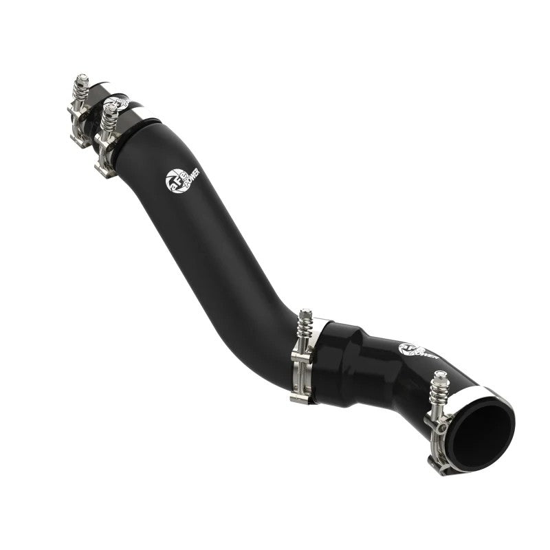 Black powder-coated 3-inch aluminum aFe BladeRunner hot charge pipe with silicone couplers and T-bolt clamps.