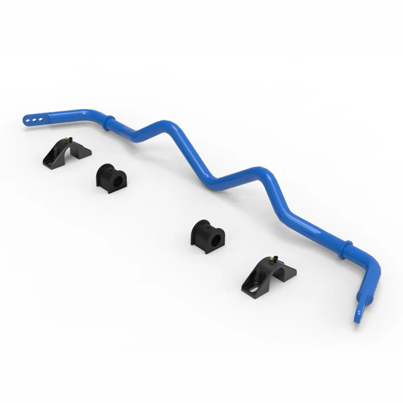 Blue powder-coated aFe Control 29mm rear sway bar with black billet aluminum brackets and polyurethane bushings.