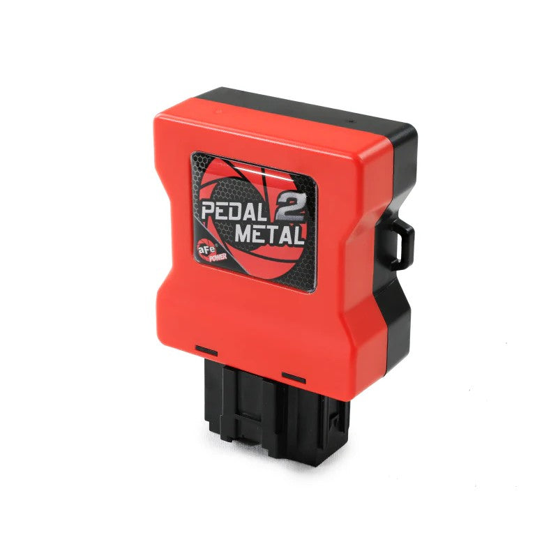 aFe Pedal 2 Metal throttle enhancer module with factory-style wiring harness for Mazda and Fiat vehicles.