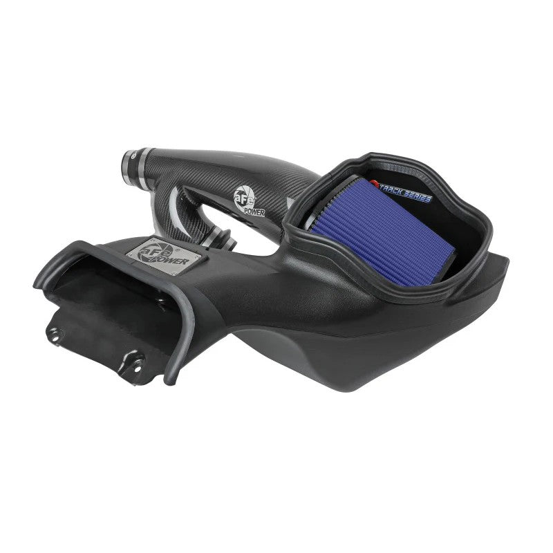 aFe Track Series intake with twill weave carbon fiber tube, open XLPE housing, and blue Pro 5R air filter.