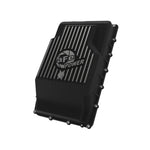 Black die-cast aluminum aFe Pro Series transmission pan for Ford 10R60/10R80 with machined cooling fins and magnetic plug.