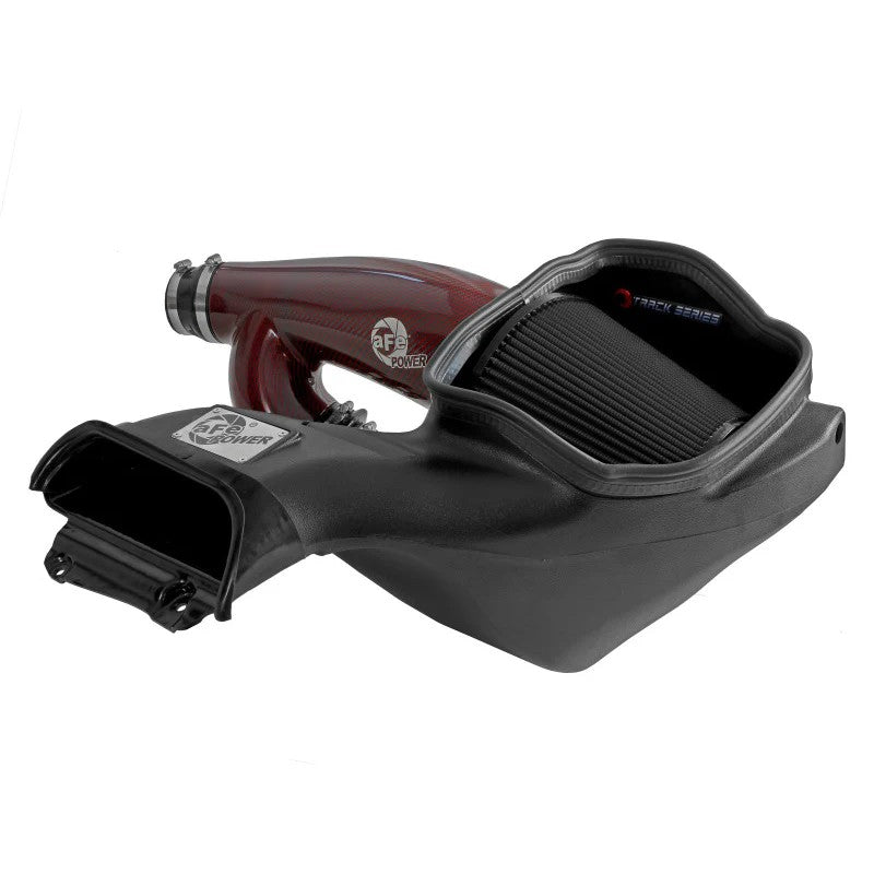 aFe Track Series cold air intake featuring a red Kevlar carbon fiber tube and large black Pro 5R air filter.