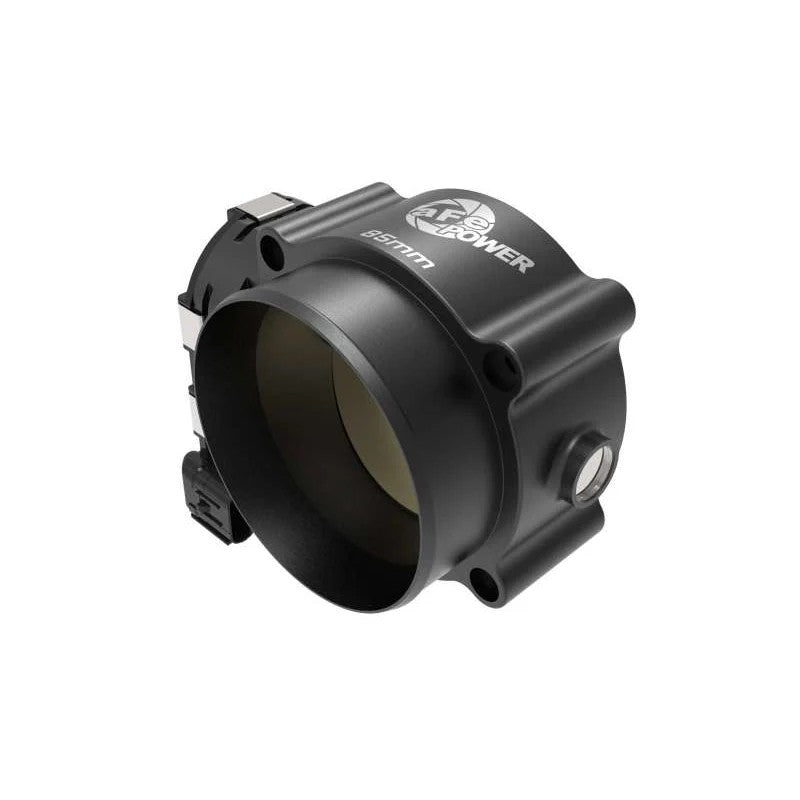Black anodized 85mm billet 6061-T6 aluminum throttle body with brass plate and laser-etched aFe Power logo.