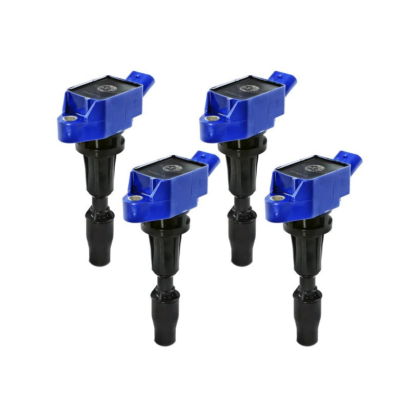 Set of four blue aFe POWER SCORCHER high-performance ignition coils for 2.0T engines.