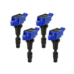 Set of four blue aFe POWER SCORCHER high-performance ignition coils for 2.0T engines.