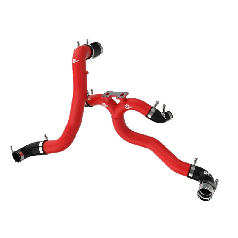 Textured red aFe BladeRunner aluminum charge pipe kit with 5-ply silicone couplers and stainless-steel T-bolt clamps.
