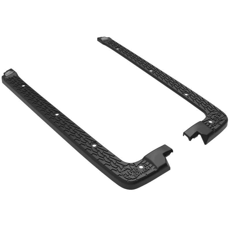 Textured black aFe Terra Guard tub rail covers installed on the body rail of a 2018-2023 Jeep Wrangler JL 4-door.