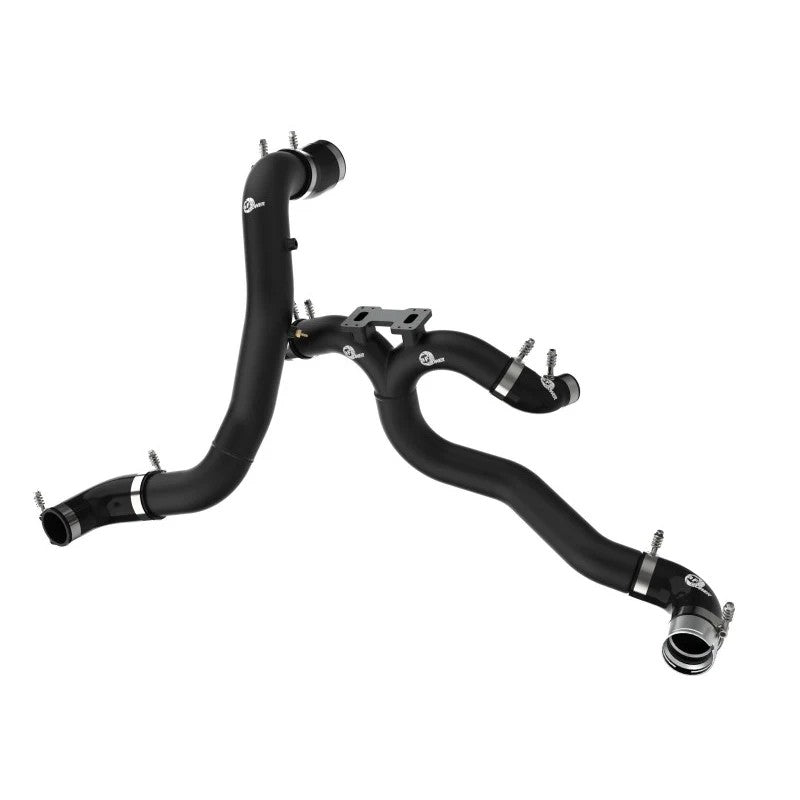 aFe Power BladeRunner wrinkle black aluminum charge pipe kit with blue silicone couplers and T-bolt clamps.