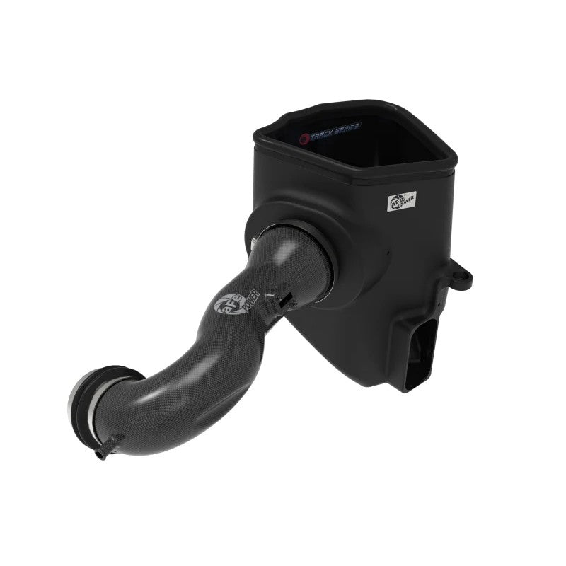 Carbon fiber air intake tube with large blue Pro 5R air filter and black XLPE housing for GM 5.3L and 6.2L engines.