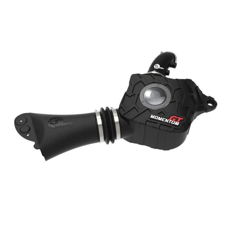 aFe Power Momentum GT cold air intake system with black XLPE housing, clear sight window, and Pro 5R blue filter media.