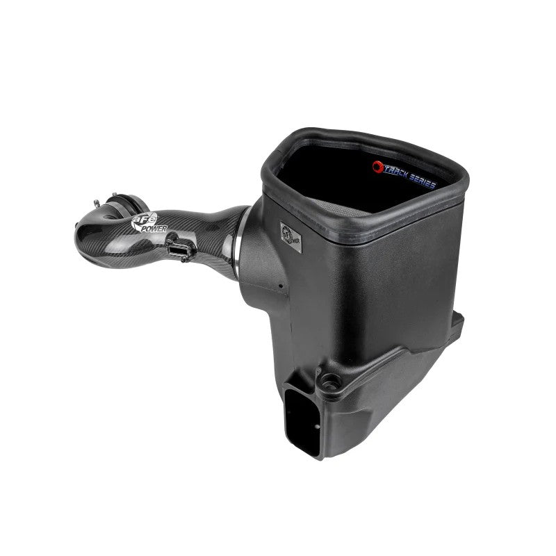 aFe Track Series intake featuring a glossy carbon fiber tube, Pro DRY S filter, and black XLPE housing.