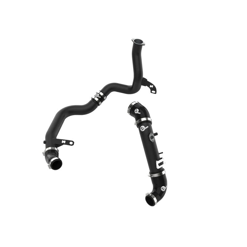Wrinkle black powder-coated aluminum hot and cold charge pipes with blue silicone couplers and stainless steel clamps.