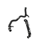 Wrinkle black powder-coated aluminum hot and cold charge pipes with blue silicone couplers and stainless steel clamps.