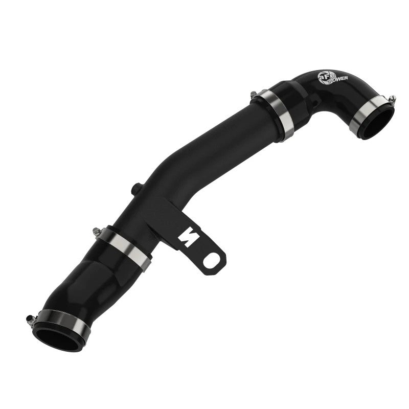 aFe POWER BladeRunner wrinkle black 2.5 inch aluminum hot charge pipe with blue 5-ply silicone couplings and clamps