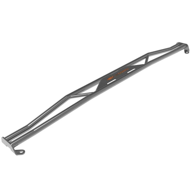 Gunmetal gray dual-tube tubular steel front suspension strut brace with high-strength steel brackets