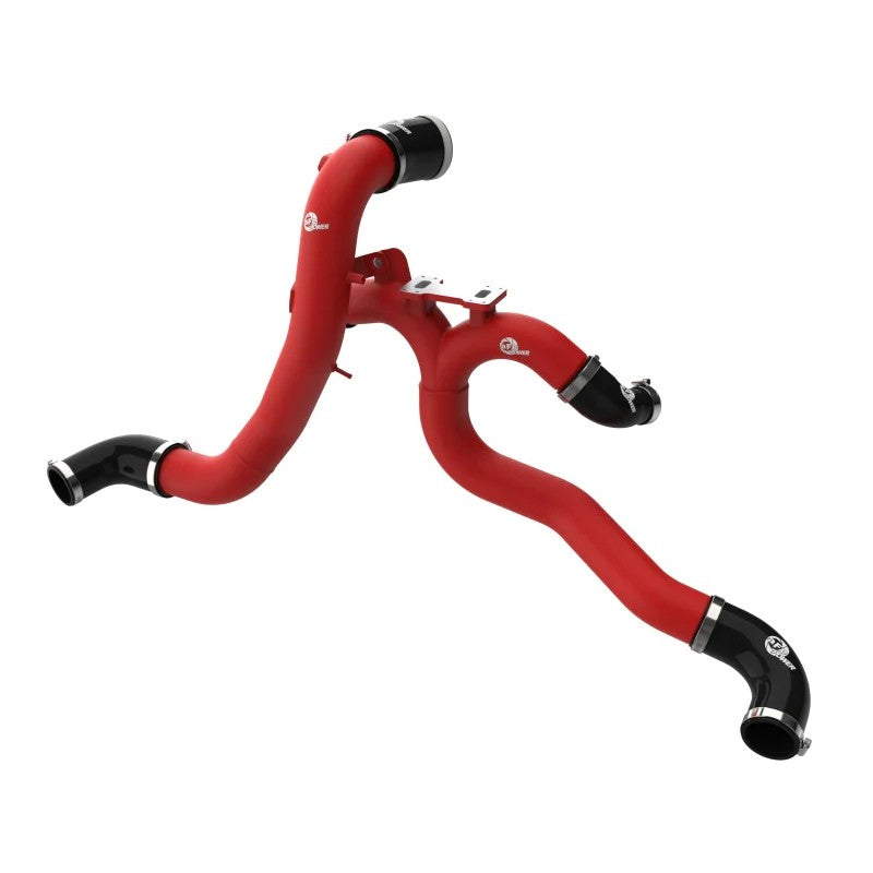 Textured red aluminum hot and cold charge pipes for Genesis G70 with black silicone couplers and stainless steel clamps