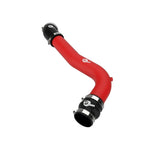 Textured red 2-3/4 inch mandrel-bent aluminum cold charge pipe with black 5-ply silicone couplings and SmartSeal clamps.