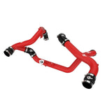 Textured red powder-coated aluminum charge pipes with 5-ply silicone couplers and stainless steel clamps.