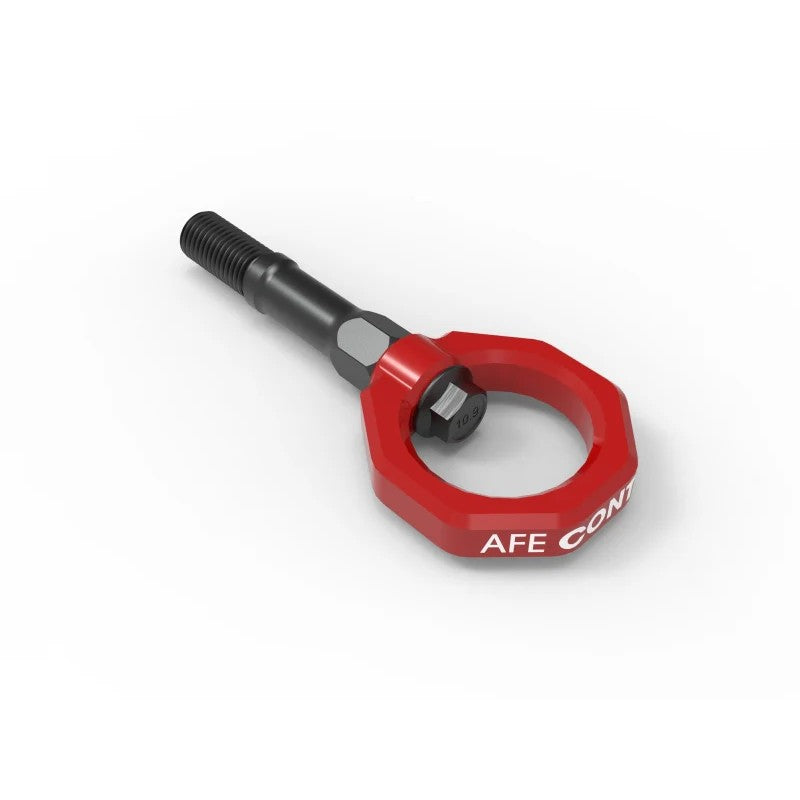 Red powder-coated aFe CONTROL rear tow hook with black zinc coated stem for 2020-2026 Chevrolet Corvette Stingray.