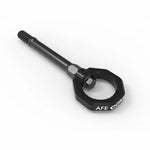 aFe CONTROL black powder-coated 4130 steel front tow hook with CNC machined stem for 2020-2026 Chevrolet Corvette Stingray