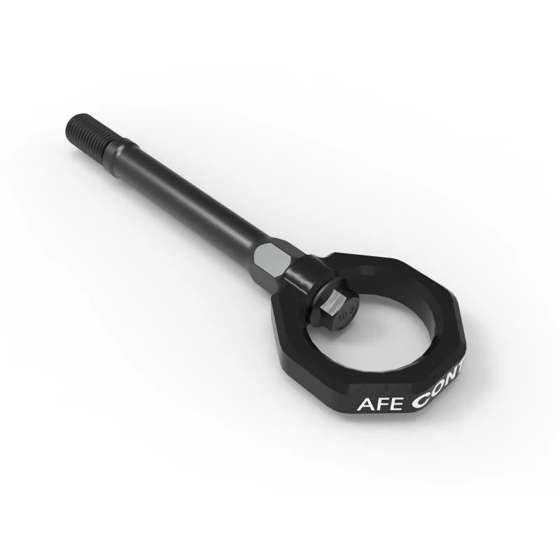 aFe CONTROL black powder-coated 4130 steel front tow hook with CNC machined stem for 2020-2026 Chevrolet Corvette Stingray