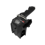 aFe Momentum HD black XLPE air intake housing with clear sight window and 9-inch tall Pro DRY S filter for Ford 6.7L diesel.