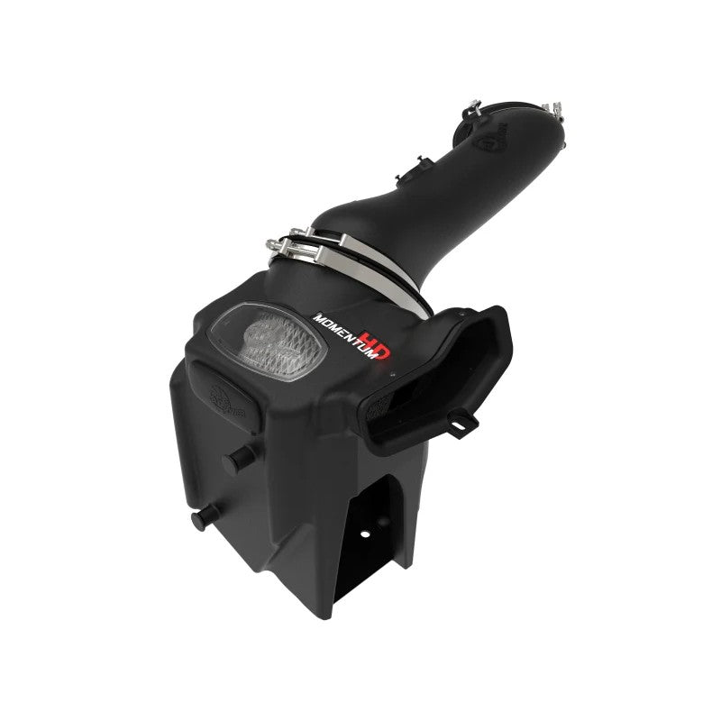aFe Momentum HD black XLPE air intake housing with clear sight window and 9-inch tall Pro DRY S filter for Ford 6.7L diesel.