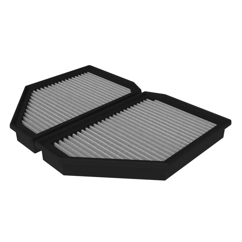 A pair of aFe POWER Magnum FLOW Pro DRY S air filters featuring blue synthetic media and black polyurethane frames.