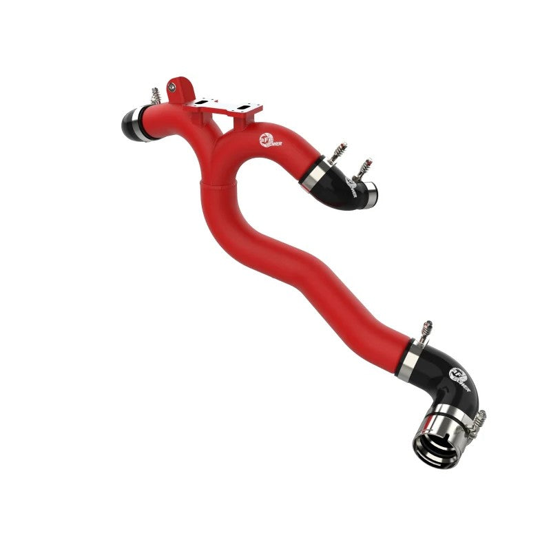 Textured red aFe Power BladeRunner aluminum hot charge pipe with 5-ply silicone couplings and stainless T-bolt clamps.
