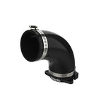 Black anodized 6061-T6 aluminum turbo inlet adapter with a reinforced 3-layer black silicone coupling and steel clamps.