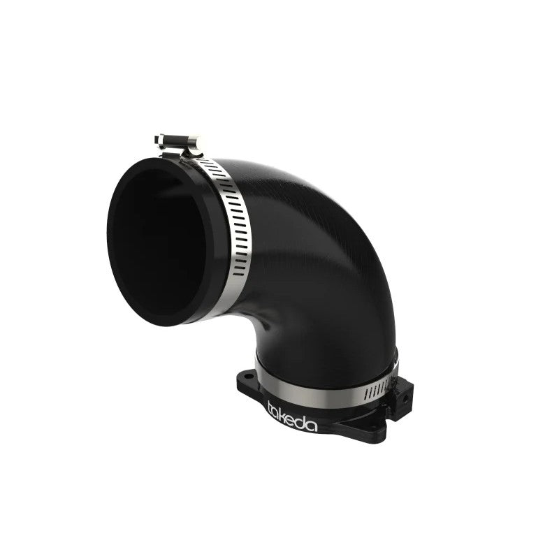 Black anodized 6061-T6 aluminum turbo inlet adapter with a reinforced 3-layer black silicone coupling and steel clamps.