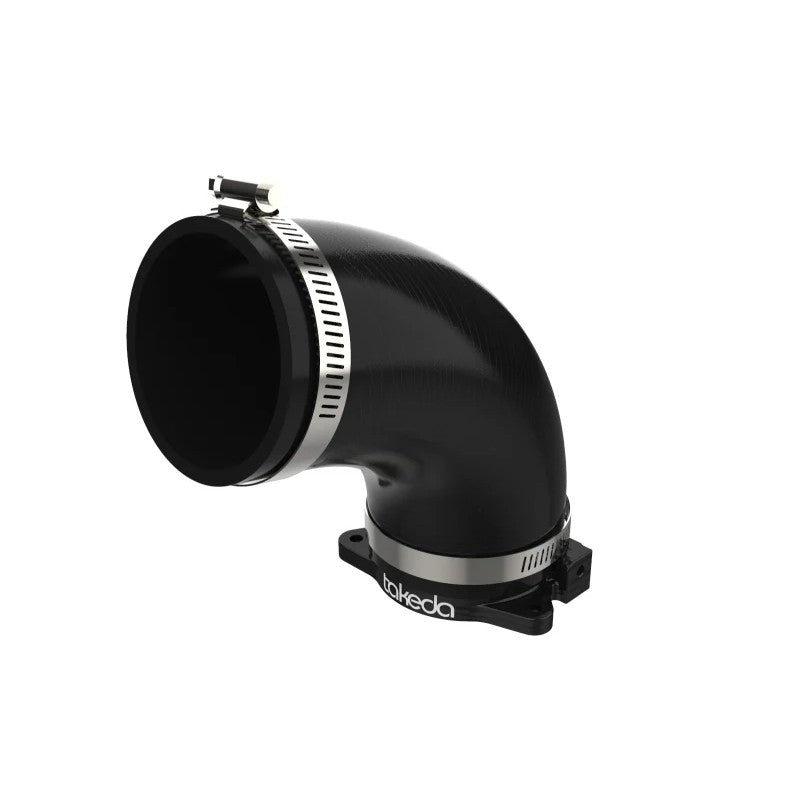 Black anodized 6061-T6 billet aluminum turbo inlet adapter and reinforced silicone coupling for Takeda intakes.