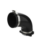 Black anodized 6061-T6 billet aluminum turbo inlet adapter and reinforced silicone coupling for Takeda intakes.