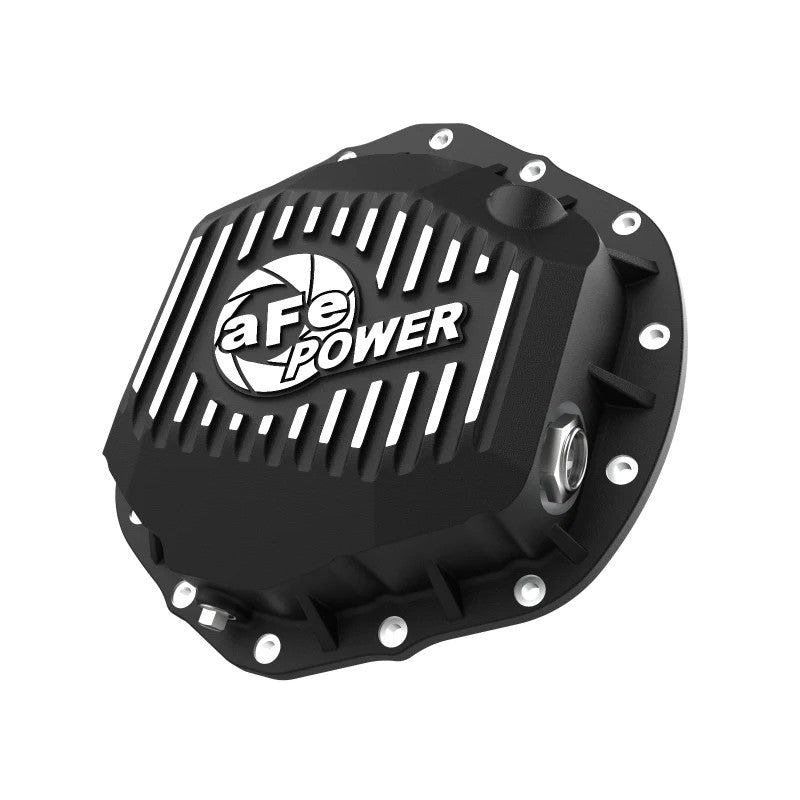 Black powder coated aFe Pro Series rear differential cover with machined fins and oil level sight glass for AAM axles.