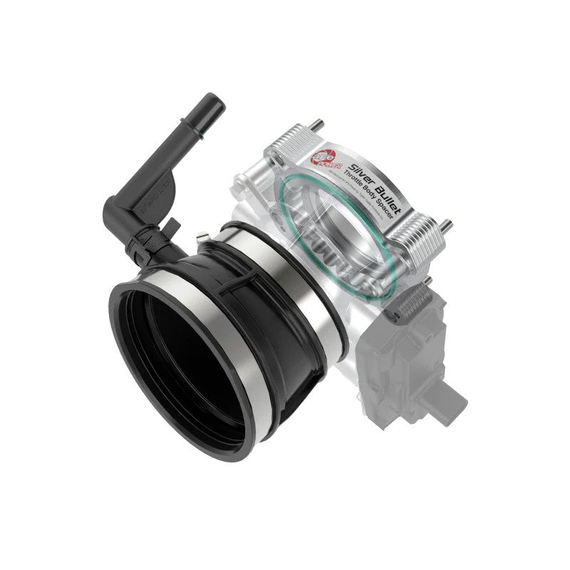 Silver CNC-machined aFe Silver Bullet throttle body spacer with black silicone coupling and mounting hardware.